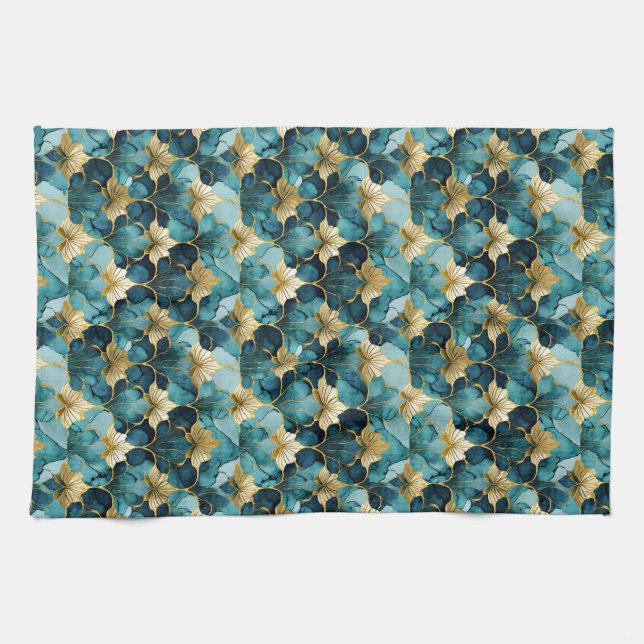 Linge De Cuisine Fleur Japonaise Sarcelle Or (Horizontal)