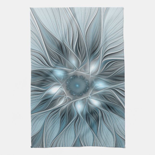 Linge De Cuisine Fleur joyeuse abstraite fleur fractale bleue grise (Vertical)
