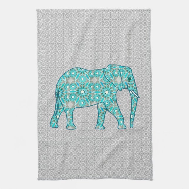 Linge De Cuisine Fleur mandala éléphant - turquoise, gris & blanc (Vertical)
