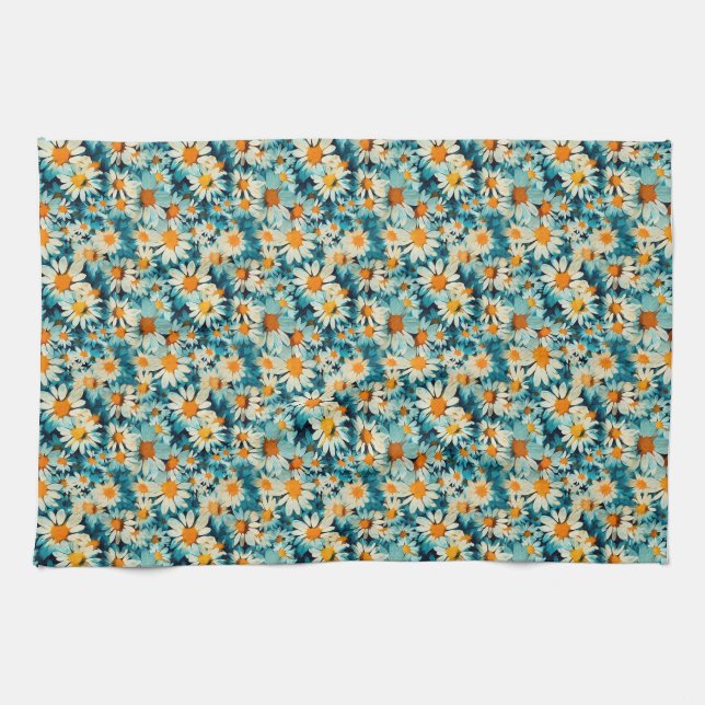 Linge De Cuisine Fleur marguerite bleu, blanc et jaune sans joint (Horizontal)