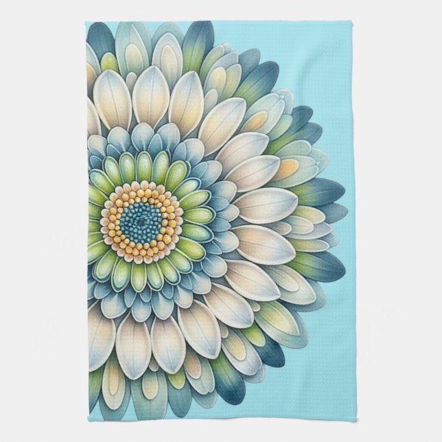 Linge De Cuisine Fleur mod - Bleu, Sage et Jaune (Vertical)