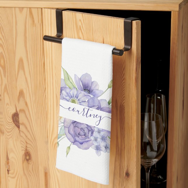 Linge De Cuisine Fleur personnalisée aquarelle violette   (Pliage en tiers)