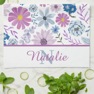 Linge De Cuisine Fleur rose bleu vif personnalisée