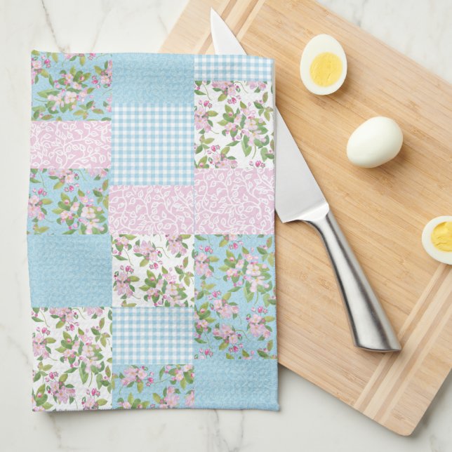 Linge De Cuisine Fleur rose de pomme sur le papier à écaille bleu F (Quart Plié)