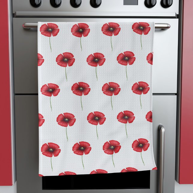 Linge De Cuisine Fleur rouge mignon Motif sur blanc (A cute poppy pattern kitchen towel that will look fabulous in your kitchen. )