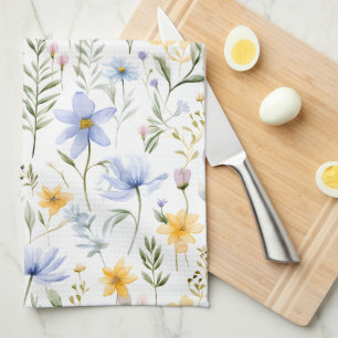 Linge De Cuisine Fleur Sauvage Aquarelle Bleu Violet Élégant 