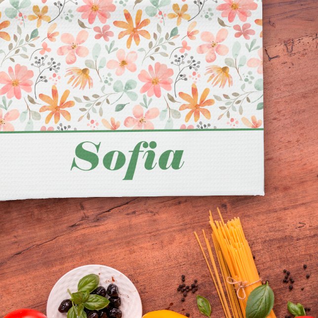 Linge De Cuisine Fleur sauvage jaune boho motif nom personnalisé bl (Créateur téléchargé)