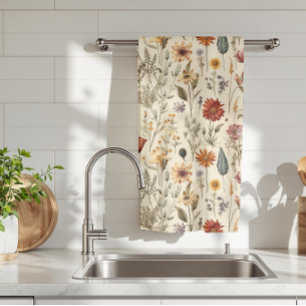 Linge De Cuisine Fleur sauvage séchée vintage bordeaux rose jaune
