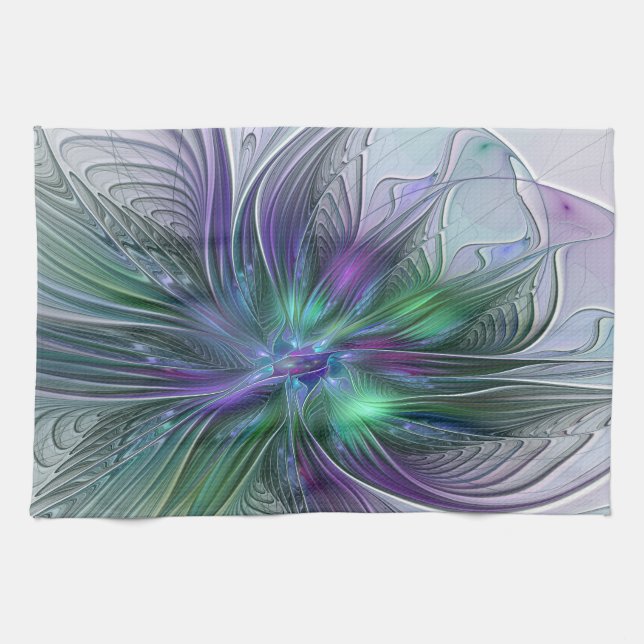 Linge De Cuisine Fleur verte abstraite moderne d'art fractal violet (Horizontal)