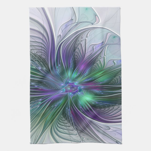 Linge De Cuisine Fleur verte abstraite moderne fractale violette (Vertical)