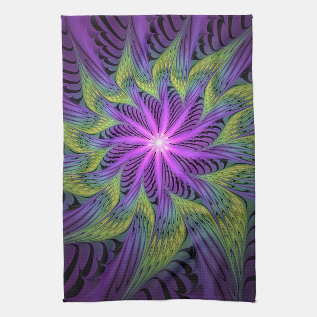 Linge De Cuisine Fleur verte violette Art abstrait fractal moderne (Vertical)