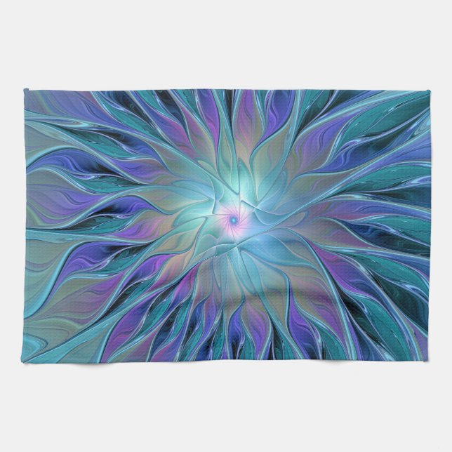 Linge De Cuisine Fleur Violette Bleue Rêve Abstrait Art Fractal (Horizontal)