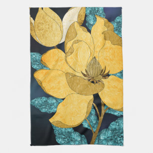 Linge De Cuisine Fleuron doré avec Feuilles Turquoises Floral Abstr