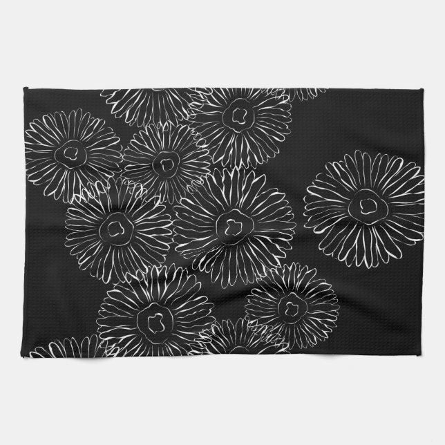Linge De Cuisine Fleurs abstraites de printemps noir et blanc (Horizontal)