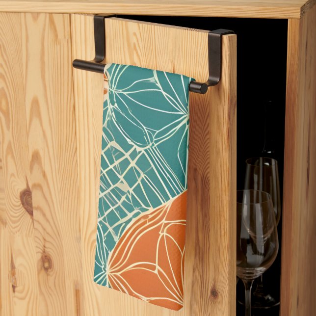 Linge De Cuisine Fleurs abstraites sarcelle, orange et beige (Pliage en tiers)