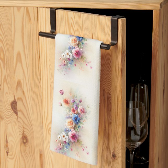Linge De Cuisine Fleurs aquarelle jaune rouge rose bleu vert (Pliage en tiers)