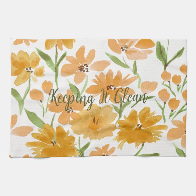 Linge De Cuisine Fleurs aquarelle orange "Keeping It Clean" (Horizontal)