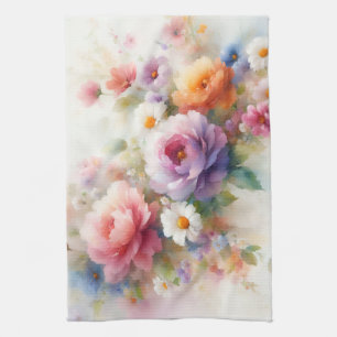 Linge De Cuisine Fleurs aquarelles jaune violet rouge bleu vert