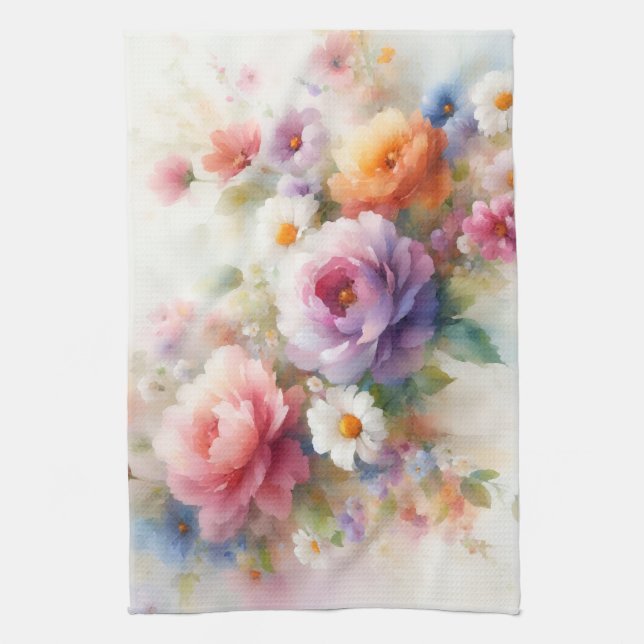 Linge De Cuisine Fleurs aquarelles jaune violet rouge bleu vert (Vertical)