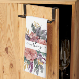 Linge De Cuisine Fleurs aquarelles personnalisées rose et violet