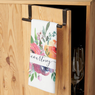 Linge De Cuisine Fleurs aquarelles rose et orange personnalisées  