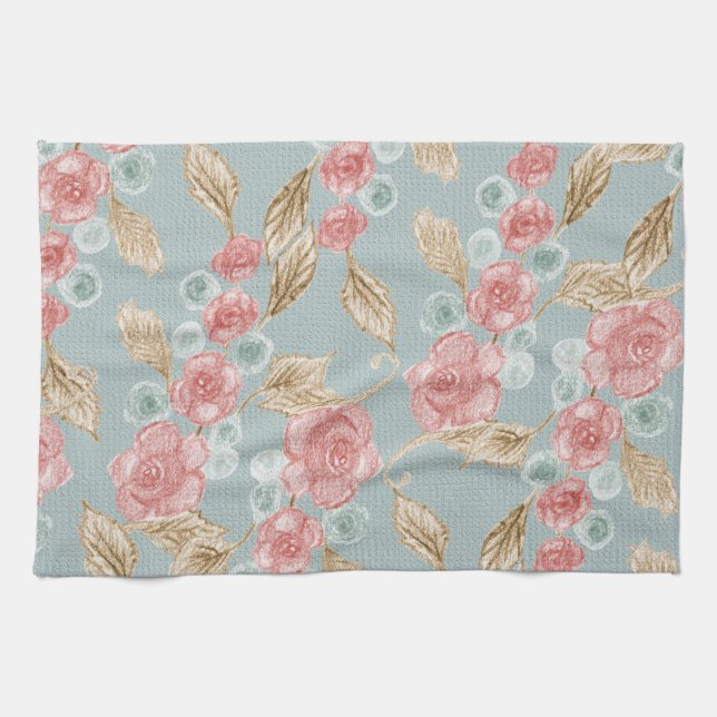 Linge De Cuisine Fleurs Aquarelles Roses Et Blanches (Horizontal)