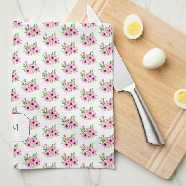 Linge De Cuisine Fleurs aquarelles roses jolies monogrammées (Quart Plié)