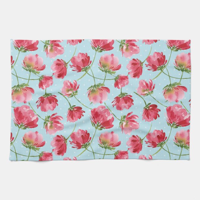 Linge De Cuisine Fleurs Aquarelles Rouge Écarlate Jetées Points Pol (Horizontal)