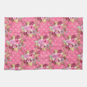 Linge De Cuisine Fleurs automnales rose et violet à l'aquarelle