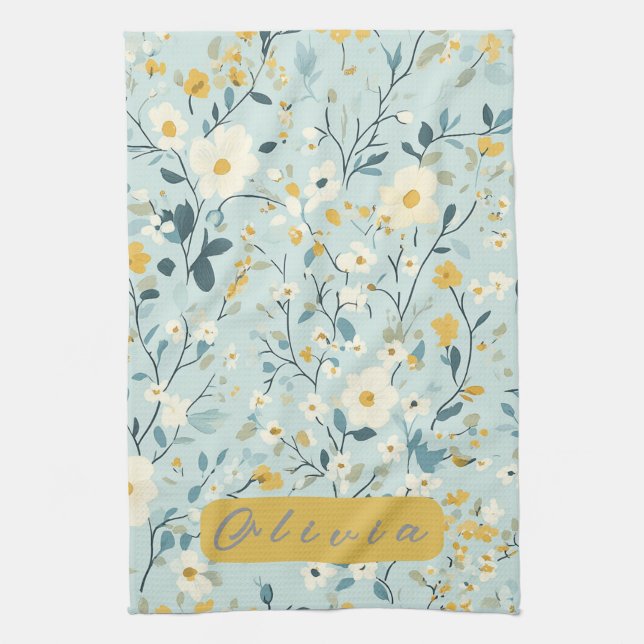 Linge De Cuisine Fleurs blanches bleues et vertes vives (Vertical)