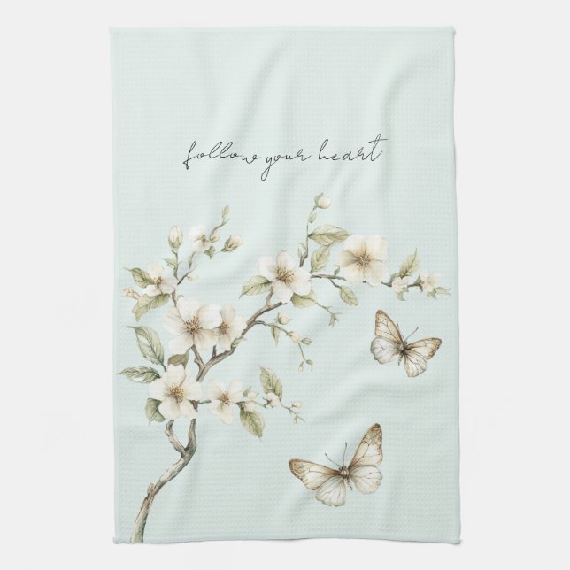 Linge De Cuisine Fleurs blanches de menthe papillons  (Vertical)