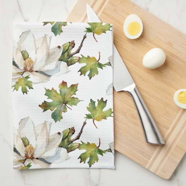 Linge De Cuisine Fleurs blanches Feuilles verts (Quart Plié)