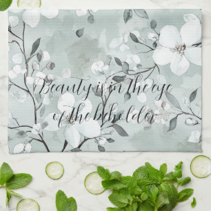 Linge De Cuisine Fleurs blanches gris chic