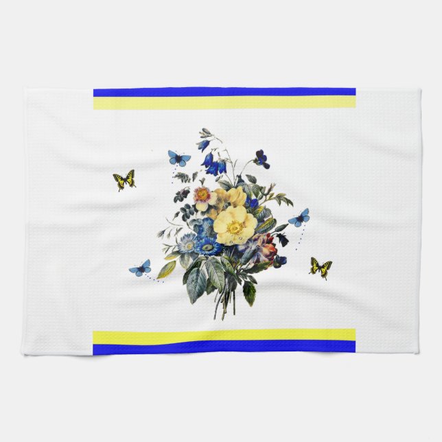 Linge De Cuisine fleurs bleues et jaunes (Horizontal)