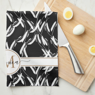 Linge De Cuisine Fleurs botaniques noires et blanches avec monogram