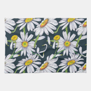 Linge De Cuisine Fleurs chamomiles : Aquarelle bleu foncé.