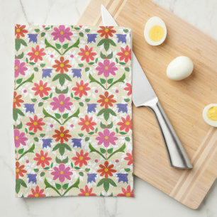 Linge De Cuisine Fleurs chic rose et orange, Pois sur Ecru