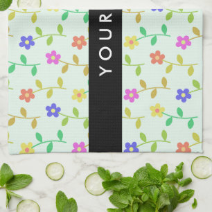 Linge De Cuisine Fleurs colorées, fond vert clair, noir