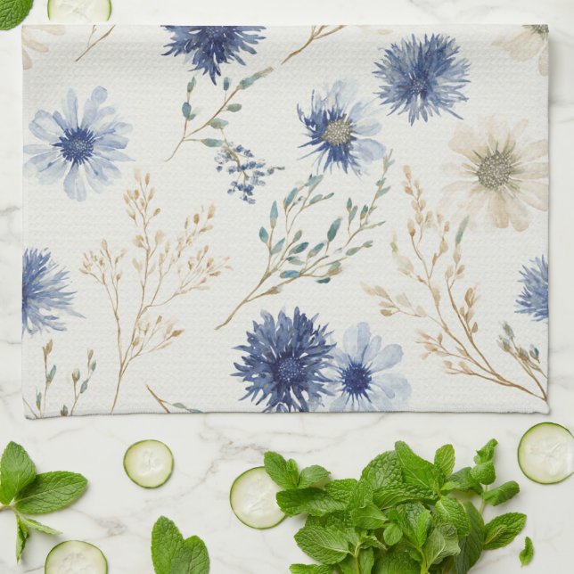 Linge De Cuisine Fleurs Crème Bleue (Plié)