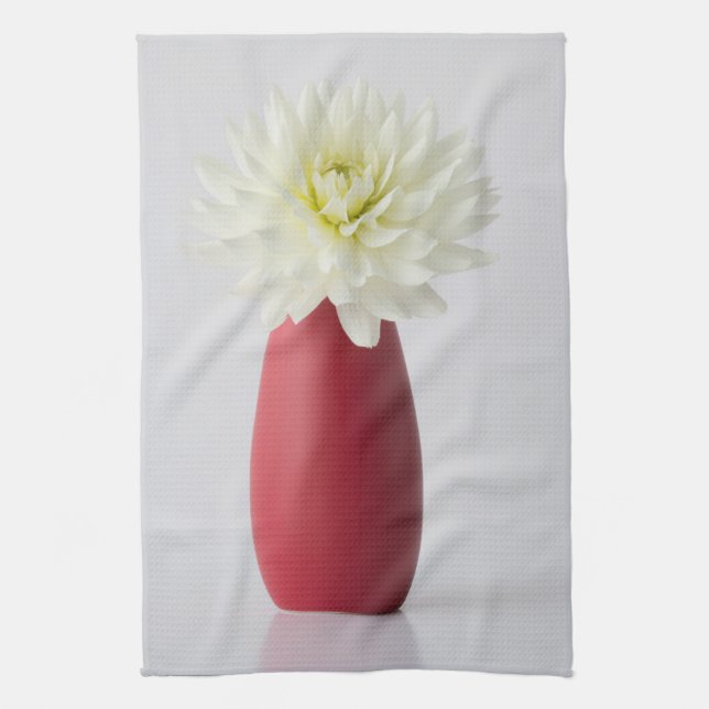 Linge De Cuisine Fleurs | Dahlia blanche dans le vase rouge (Vertical)