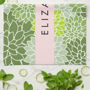 Linge De Cuisine Fleurs Dahlia Vertes, Motif Floral, Votre Nom
