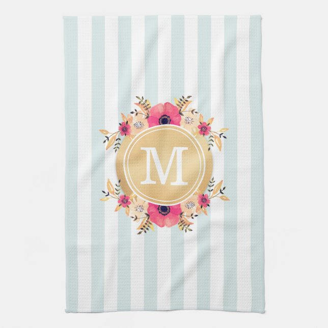 Linge De Cuisine Fleurs d'aquarelle à la menthe Faux or Monogramme (Vertical)