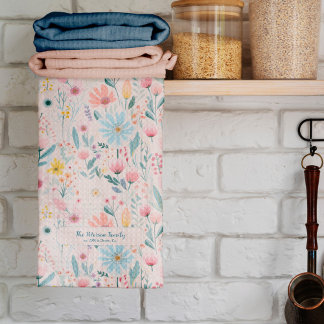 Linge De Cuisine Fleurs d'aquarelle botanique rustique nom de famil