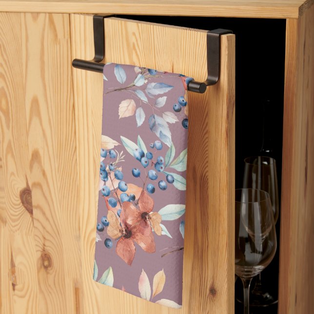 Linge De Cuisine Fleurs d'aquarelle et baies sur Mauve (Pliage en tiers)