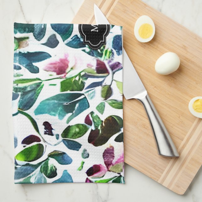 Linge De Cuisine Fleurs d'aquarelle motif botanique monogrammé (Quart Plié)