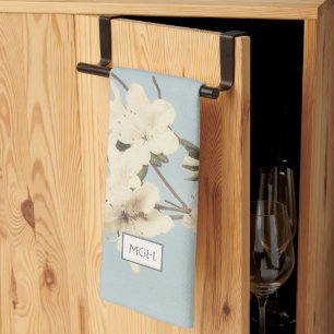 Linge De Cuisine Fleurs d'Azalée Monogramme Crème Blanche Vintage