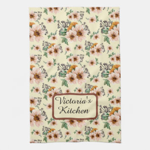 Linge De Cuisine Fleurs de campagne rose, jaune, rouille aquarelle 