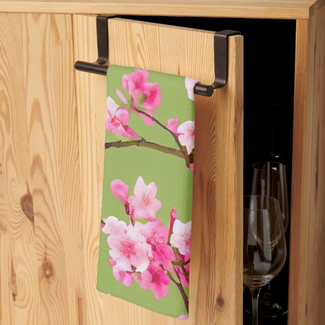 Linge De Cuisine Fleurs de cerises roses délicates sur Chartreuse G (Pliage en tiers)