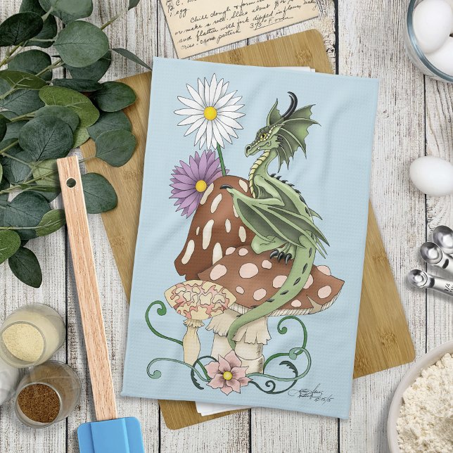 Linge De Cuisine Fleurs de Champignon Dragon Fantastique Vert Capri (Créateur téléchargé)