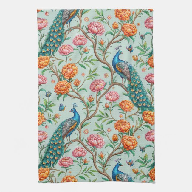 Linge De Cuisine Fleurs de chant Oiseaux Botanique Fond Menthe (Vertical)